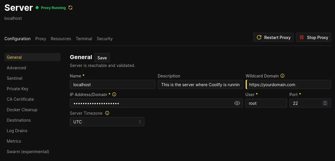 Coolify settings page screenshot