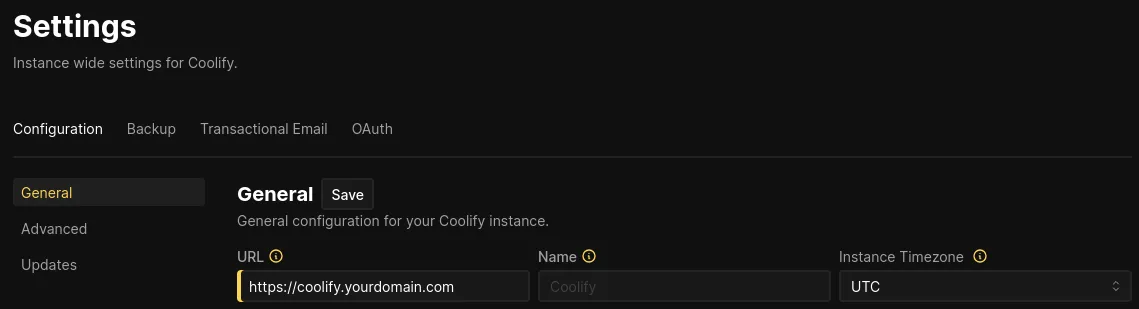 Coolify settings page screenshot